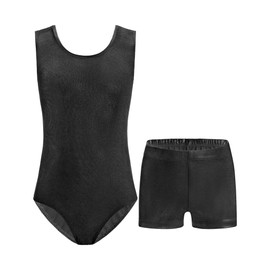 Nymphperi Leotard for Girls 8-9 Years Old Shiny Classic Black Sleeveless Tank with Sparkly Shorts for Child Tumbling Exercise