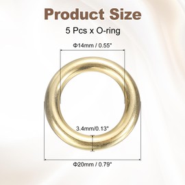 sourcing map 5Pcs H59 Brass O Ring, 0.79" OD. 0.55" Thickness Brass Seamless Welded Circle Loop Round Ring Buckles for Luggage Webbing Craft DIY Decoration Accessories, Gold Tone