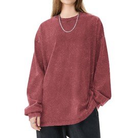 FULFIDREAM Oversized Workout Shirts for Women Heavy Cotton Acid Washed Vintage Unisex Long Sleeve Casual Loose Solid Basic Tee Tops Red