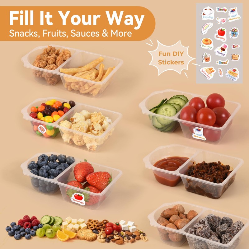 16 Sets 10 oz Reusable Snack Containers with Lids, 2-Compartment