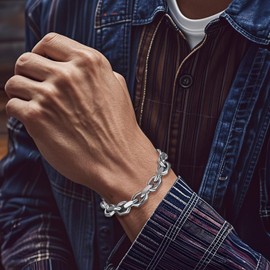 LaSua Oval Rolo Cable Chain Link Stainless Steel Bracelet Silver Tone 8.5 inches Paperclip Bracelet with Toggle Clasp for Men Women Him