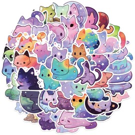 50 Pcs Cartoon Rainbow Starry Sky Cat Stickers, Cute Aesthetic Cat Waterproof Stickers, Vinyl Stickers for Water Bottle, Laptop, Phone, Skateboard Stickers for Teens Girls Kids and Women (Purple)