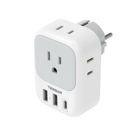 TESSAN Type E F Plug Adapter, Germany France Power Adapter with 3 USB Ports(1 USB C), 4 AC Outlets Travel Adaptor for US to Europe EU Spain Iceland Korea Greece Russia German French
