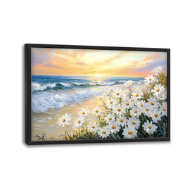 Large Beach Daisy Wall Art, Framed Coastal Beach Wall Decor for Living Room, Oversized Sunrise Canvas Painting Seascape Pictures Home Decoration for Living Room Bedroom Office 36"x24"