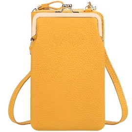 Women's Crossbody Phone Wallet, Multi-functional Leather Purse with Zipper and Kiss-lock Frame, Black (Yellow)
