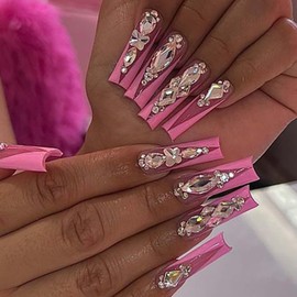 YoYoee Luxury Long Square False Nails Crystal Gem Design Tips Nails French Press on Nails Acrylic Full Cover Fake Nails for Women and Girls 24PCS