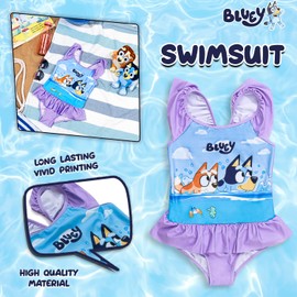 Bluey Girls Swimming Costume | One Piece Swimwear for Girls | Frilly Waist | Beachwear for Young Girls | Ages 2-8 Years (UK, Age, 6 Years, 7 Years, Regular, Lilac)