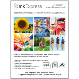 Ink Express 6x4 270gsm Nanoporous Pro Smooth Satin Photo Paper, 50 Sheets - Single Sided Resin Coated Inkjet Professional Satin Photographic Paper