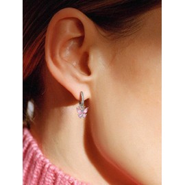 Butterfly Huggie Earrings for Girls Women - Silver Butterfly Hoop Earrings with Pink Tourmaline October Birthstone Butterfly Dangle Earrings for Teens Daughter