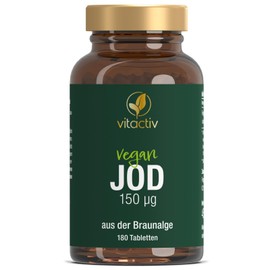 Vitactiv Natural Nutrition VITACTIV Jod Tabletten - 150 g Jod aus Braunalgen bzw. Kelp - Natrlich, Vegan, Hochdosiert, ohne knstliche Zus?tze - Produziert und Laborgeprft in Deutschland - 180 Jodtabletten (180 Tage)