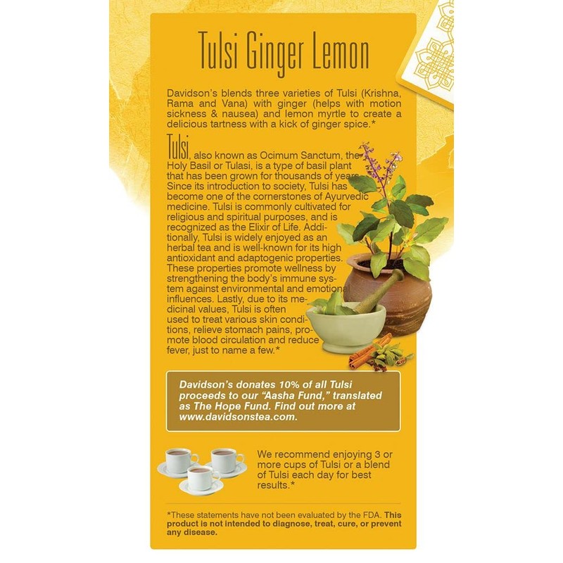 Davidson's Organics, Tulsi Ginger Lemon, 25-count Tea Bags, Pack of