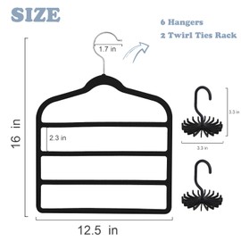 Tinfol 6pc Black Velvet Pants Hangers Space Saving, Non Silp Pant Hanger with Hook, Jeans Slack Trousers Hangers, Multiple Clothes Hanger Closet Organizer Perfect for Pants,Trouser,Jeans