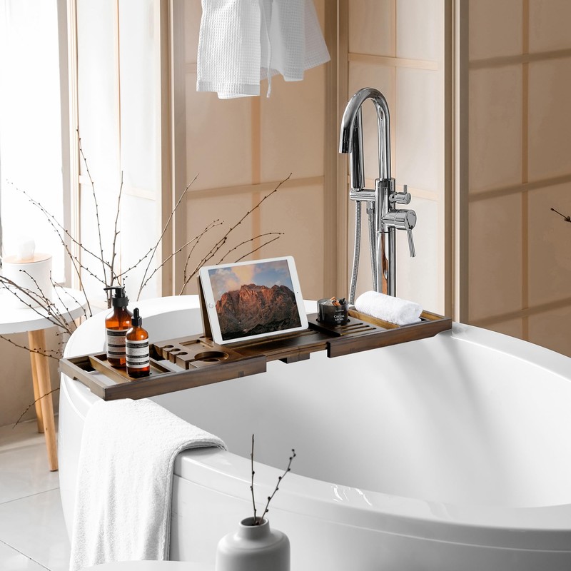 Realgulf Teak Bathtub Tray | Adjustable Width Tray with Wine