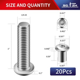 1/4-20 x 1 Inch 20Pcs Flat Head Hex Socket Cap Screws Bolts Barrel Nuts Kit, 304 Stainless Steel 18-8, Full Thread by SG TZH (with Hex Spanner)