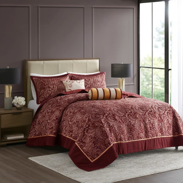 Madison Park Aubrey Reversible Quilted Bedspread Set, Solid Reverse Summer Breathable, Lightweight All Season Bedding Layer, Matching Shams, Bedspread Queen(102"x118"), Burgundy 5 Piece