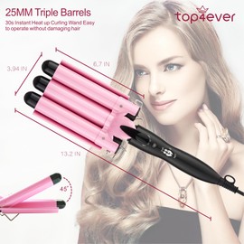 TOP4EVER 3 Barrel Curling Iron, 1 inch Crimper Hair Tool,Crimping Waver for Women Beach Waves with Two Temperature Settings, Pink