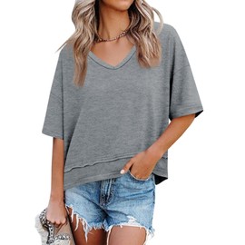 Cicy Bell Womens Summer V Neck T Shirts Casual Short Sleeve Flowy Tops Cute Loose Fit Basic Tees Grey