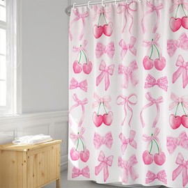 Reateforin Pink Fruit Shower Curtain, Red Cherry Bow Aesthetic Watercolor Decor Shower Curtain Sets, Bath Curtain Polyester Fabric Waterproof Bathroom Accessory Set with 12 Hooks 72x72 inch