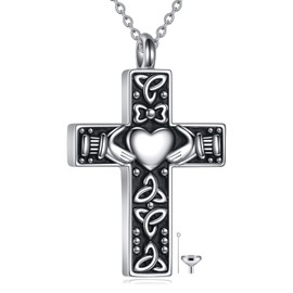 LELOUCHY Celtic Cross Urn Necklace 925 Sterling Silver Celtic Cremation Jewelry for Ashes Irish Claddagh Urn Pendant Cross Jewelry for Men Women Girls…