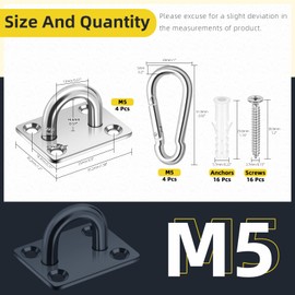 Mardatt Pack of 8 304 M5 Stainless Steel Pad Eye Plate U Hook Carabiner Hook Marine Hardware Clip Hook Loop with Screws for Outdoor Indoor Activity (Square)