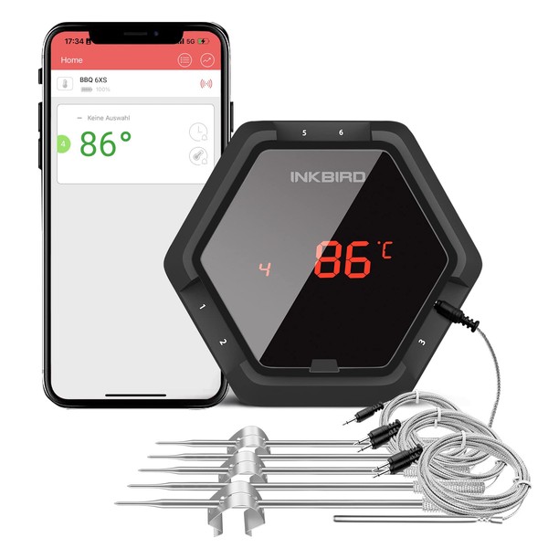 INKBIRD Termometro per Griglia Bluetooth da 150 Piedi IBT-6XS con Magnete, Batteria Li 1000mAh e Cavo di Ricarica USB, Timer e Sonde 6 Sonde Termometri per Barbecue per Cottura Digitale