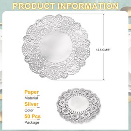 uxcell 50 Pcs Round Paper Doilies, 5 Inch Disposable Lace Doilies for Food Tableware Parties Weddings Birthday, Silver