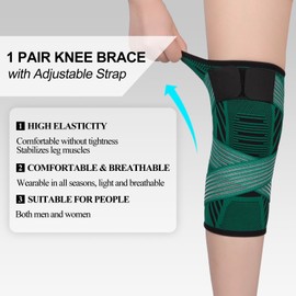 yeloumiss Knee Support Brace 2 Pack Compression Knee Sleeve with Straps Knee Bandage for Women Men for Sports, Joint Pain, Ligament Injury, Meniscus Tear (XL, Dark Green)