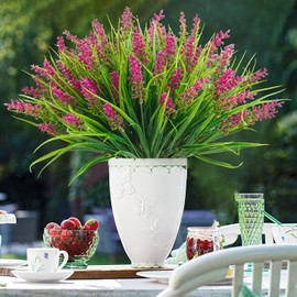 obbsie 36 Bundles Artificial Plants Outdoor, 18.2" UV Resistant Faux Monkey Grass Greenery Stems No Fade Faux Plastic Flowers Shrubs for Home Weddings Garden Porch Front Patio Office Decor - Rose Red