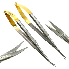 Sharp Straight and Curved Tipped Castroviejo Micro Scissors, 6 inches Long, Spring Action Handle - Autoclave-Safe German Steel [2 Count]