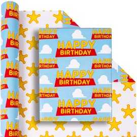 CHUCHUWA Happy Birthday Wrapping Paper Roll for Kids Boys Girls - Cartoon Story, Blue Sky, Chouds and Stars Pattern Gift Wrap for Holiday, Baby Shower, Party surplies - 17 Inches x 20 Feet