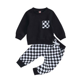 Edhomenn Baby Boys Casual Outfits Long Sleeve Sweatshirt Tops with Checkerboard Print Drawstring Pants Sets Toddler Boys 2Pcs Clothes (01 Black, 12-18 Months)