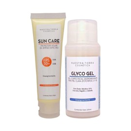Nuestra Tierra Cosmética Sun Care FPS 50+ UVA/UVB Despigmentante, 100g + Glyco Gel Despigmentante con Ácido Glicólico 10%, 100ml