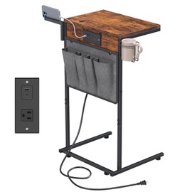 Evermagin C Shaped End Table with Charging Station, Small TV Tray with Cup Holder and Phone Holder, Couch Side Tables that Slide Under with Storage Bag for Sofa, Recliner, Rustic Brown