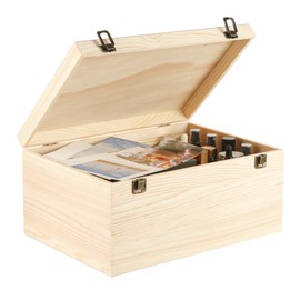 YAYODS Wooden Box with Hinged Lid, 13.7 x 9.8 x 6.7 Inch Unfinished Wood Storage Box, Large Wooden Keepsake Boxes for Crafts Art and DIY Hobbies, Jewelry, and Home Storage