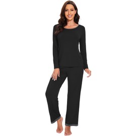 WiWi Pajama Set for Women Soft Long Sleeve Shirt and Pants Sleepwear Viscose from Bamboo 2 Piece Lounge Sets, Black, XX-Large
