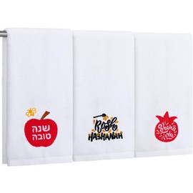 FuWeave 3 Pcs Embroidered Rosh Hashanah Hand Towel Cotton Pomegranate Shana Tova Bathroom Kitchen Towels Happy Rosh Hashanah Kitchen Towels Jewish Holiday Hostess Gift for Holiday Party Decorations