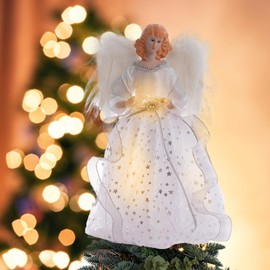 Christmas Angel Tree Topper with LED Light, 14" Angel Treetop Figurine with Dress, Feather Wings, and 10 Lights for Indoor and Outdoor Holiday Decoration, Xmas Home Ornaments - White