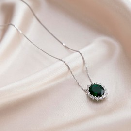 Tuscany Silver Women's Sterling Silver Rhodium Plated CZ and Green Glass 10mm x 12mm Oval Pendant with 25 Panza Adjustable Curb Chain 42cm/16.5'-45cm/17.75'