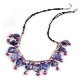 Avalaya Purple/Violet Glass Bead, Sea Shell Nugget Black Cord Necklace - 50cm L/ 4cm Ext