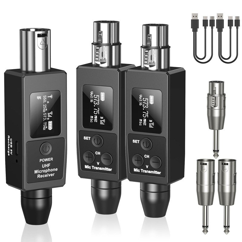 Riworal Wireless XLR Transmitter and Receiver Rechargeable Mic Adapter UHF