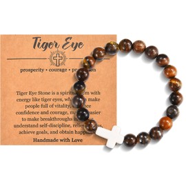 Christian Cross Bracelet for Women Men - Natural Bead Bracelets, Religious Cross Healing Bracelets, Stretch Charm Crystal Anxiety Bracelets for Birthday Christmas Christian Easter Gifts, Tiger Eye