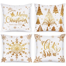 Ywlake Christmas Throw Pillow Covers 18x18 Set of 4, Merry Christmas Winter Xmas Snowflake Decorative Holiday Cushion Pillow Cases 18 x 18 for Outdoor Indoor Farmhouse Home Room Couch Decor (Gold)