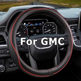 CACAWIZ - Funda para volante de coche para GMC, compatible con Sierra, Acadia, Canyon, Enyon, Terrain, Yukon, piel premium, diseño deportivo, rojo