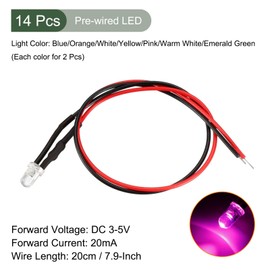 YOKIVE 14 Pcs 3mm Pre-Wired Diffused LED Diodes Light, Lighting and Decoration, Great for Party, Car, Daily DIY (Mixed Colour, 20mA, DC 3-5V)