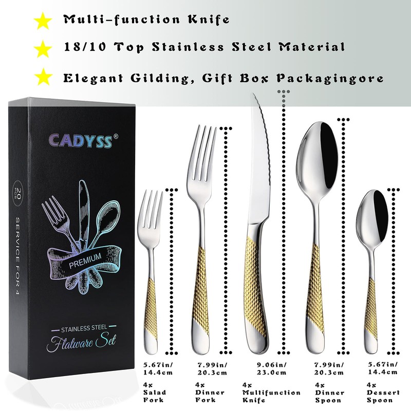 CADYSS Premium Silverware Set 20 Pieces - Flatware Set Gilding