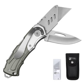 Heavy Duty Folding Utility Knife Dual Blade/Box Cutter/Work knife Safe Lock-Back with Cilp+ Nylon Pouch+5 Extra SK5 Blades Grey