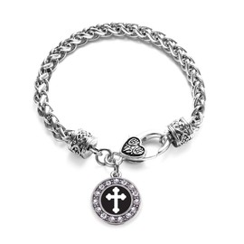 Inspired Silver - Vintage Cross - Silver Braided Bracelet for Women - Circle Charm Bracelet Jewelry Gift with Cubic Zirconia - Women's Charm Bracelet with Lobster Claw Clasp