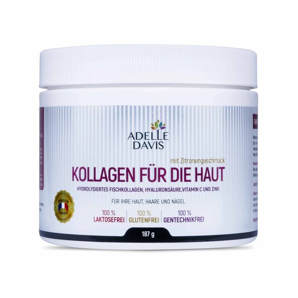 Adelle Davis® Collagen for the skin, collagen against wrinkles, collagen powder for beauty, collagen type 1 and 3, hyaluronic acid + vitamin C + zinc, 187 g