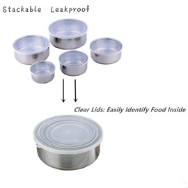 Tsyware [Set of 5] Stackable Stainless Steel Snack Food Storage Containers With Lids, Leakproof Clear Lids For Lunch, Leftovers, Soups, Salads Meal Prep and Storage, Reusable for Kids and adults