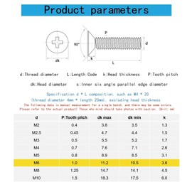 M6-1 x 10mm Flat Countersunk Head Machine Screws, Phillips Drive, Cross Screw，304 Stainless Steel,A2-70,GB819,Full Thread,Fasteners Bolts 30 PCS